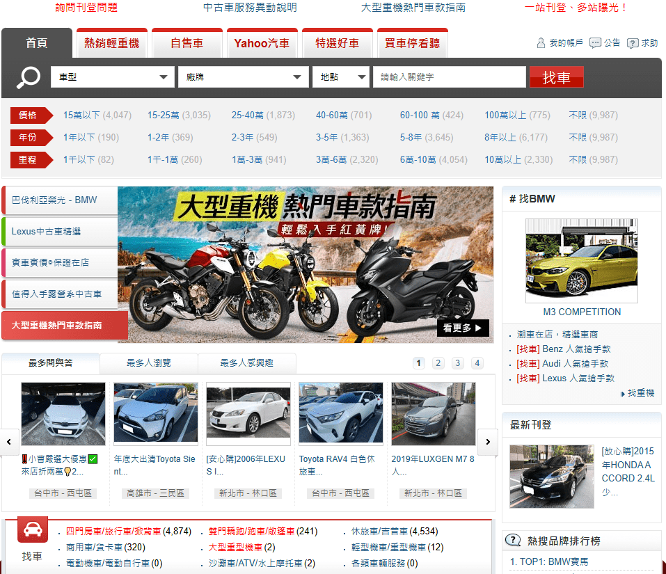 Yahoo奇摩中古車介紹:Yahoo奇摩中古車算是非常老字號的汽車買賣網站,流量緊追在8891中古車之後! 特色大概是年齡層最大、自售車較多。費用和8891差不多,但流量曝光還是輸8891很多。 但要注意如果有過於低價的狀況,Yahoo是會撤銷刊登的!8891至少是還能放在上面喔! 所以在上面拚低價的人比較少,多數是大車商和自售賣家比較多,而且自售很多都是老雙B你就知道大概年齡層了。